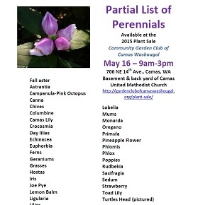 Plant Sale – partial Perennial List – May 16, 9am-3pm